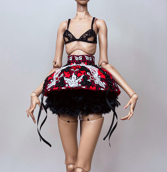 Corset/skirt in red with Swarovski crystals and appliqués